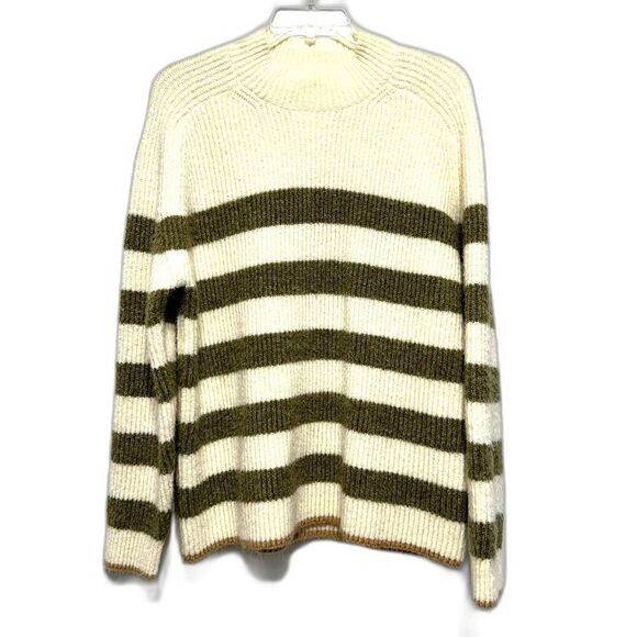 BeCool Sweater Tight Knit Mockneck Pullover Cream Green Stripe Soft Women sz S/M - Picture 1 of 7
